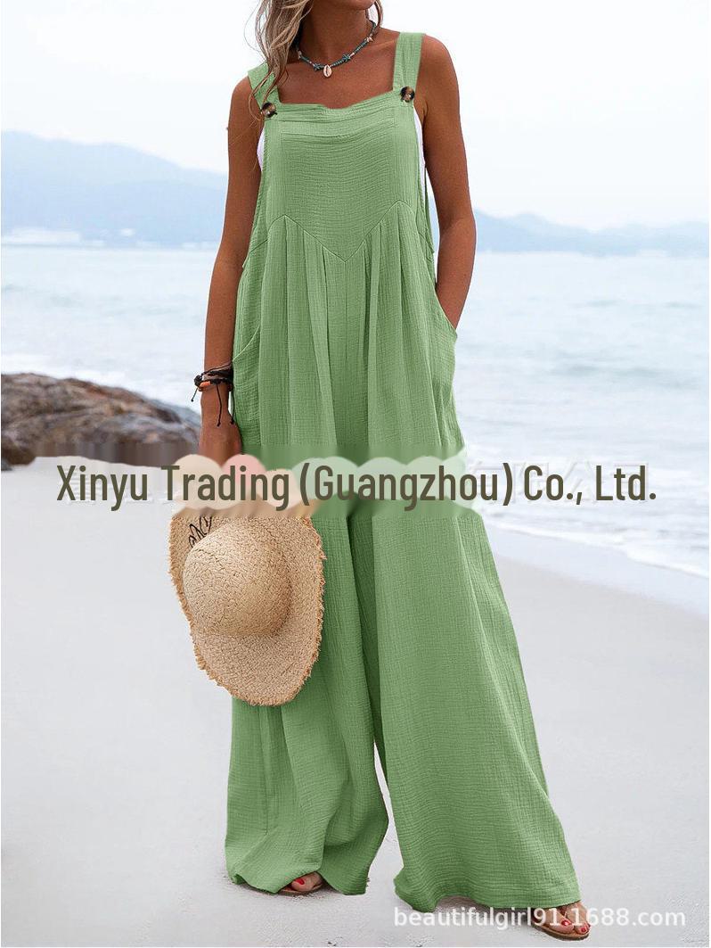 

Женский однотонный комбинезон в этническом стиле на пуговицах с широкими брюками (Лето 2023 г.) XL зелёный