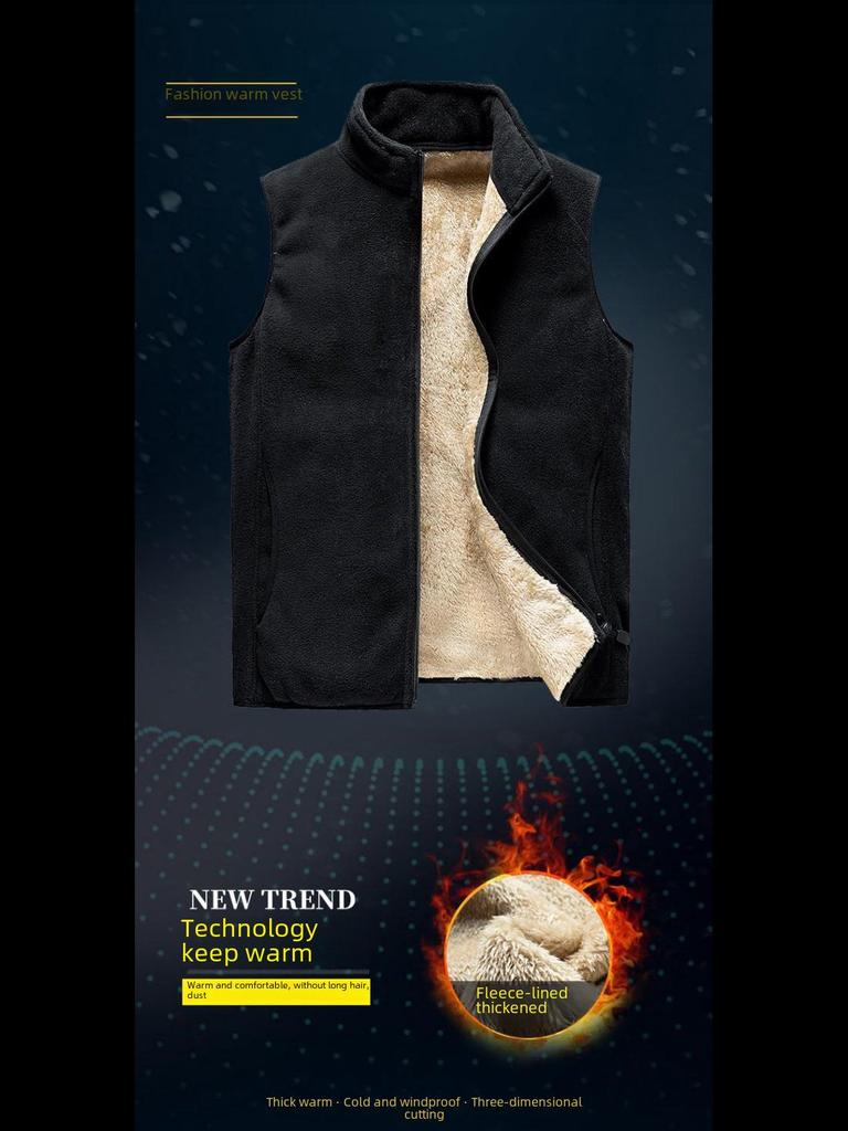 Men's Large-Size Polar Fleece Vest - Thick, Warm, Stand Collar for Spring & Autumn.