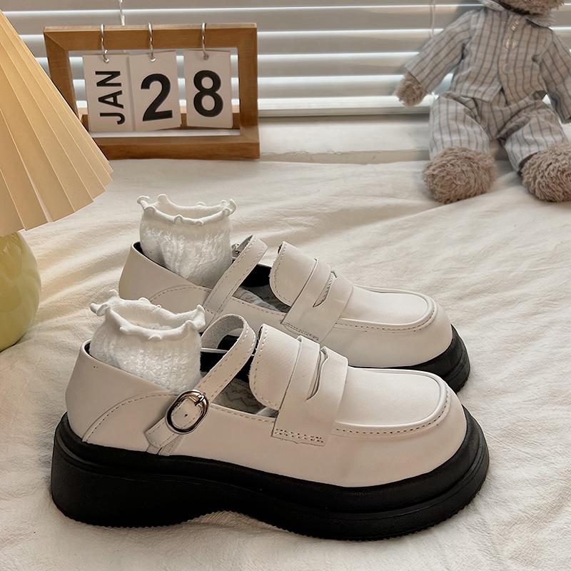 

Туфли Лолиты с милой пряжкой и ремешком, женские однотонные кожаные туфли на платформе Мэри Джейн, женские туфли-лодочки на массивном каблуке с металлическими украшениями 38 белый