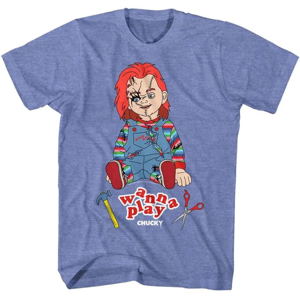 Chucky - Wanna Play - Officially Licensed American Classics - Front Print Heathe 100