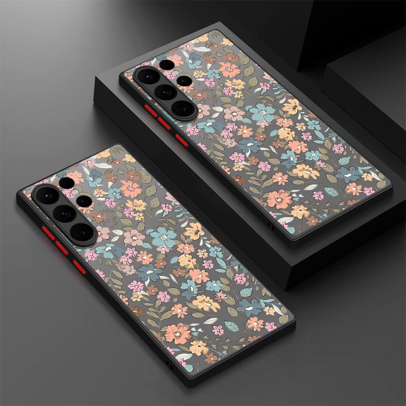 Acrylic Hard Orange Flower Pattern Matte Phone Case for Samsung S25 Ultra S24 Fe S23 S22 A16 A15 A56 A55 A35 Shockproof Clear Soft Edges Case