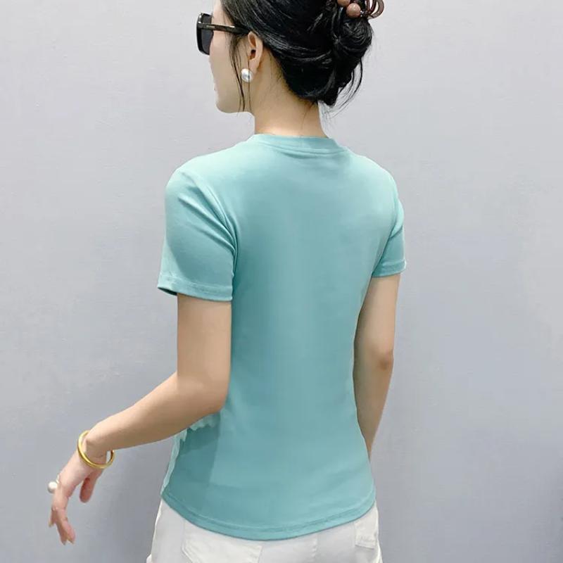 Classic Women's Shiny Cartoon Swan Hot Diamonds O-Neck T-Shirt Summer Office Lady Cotton Tops Clothes New Fashion Flower Fairy Tees