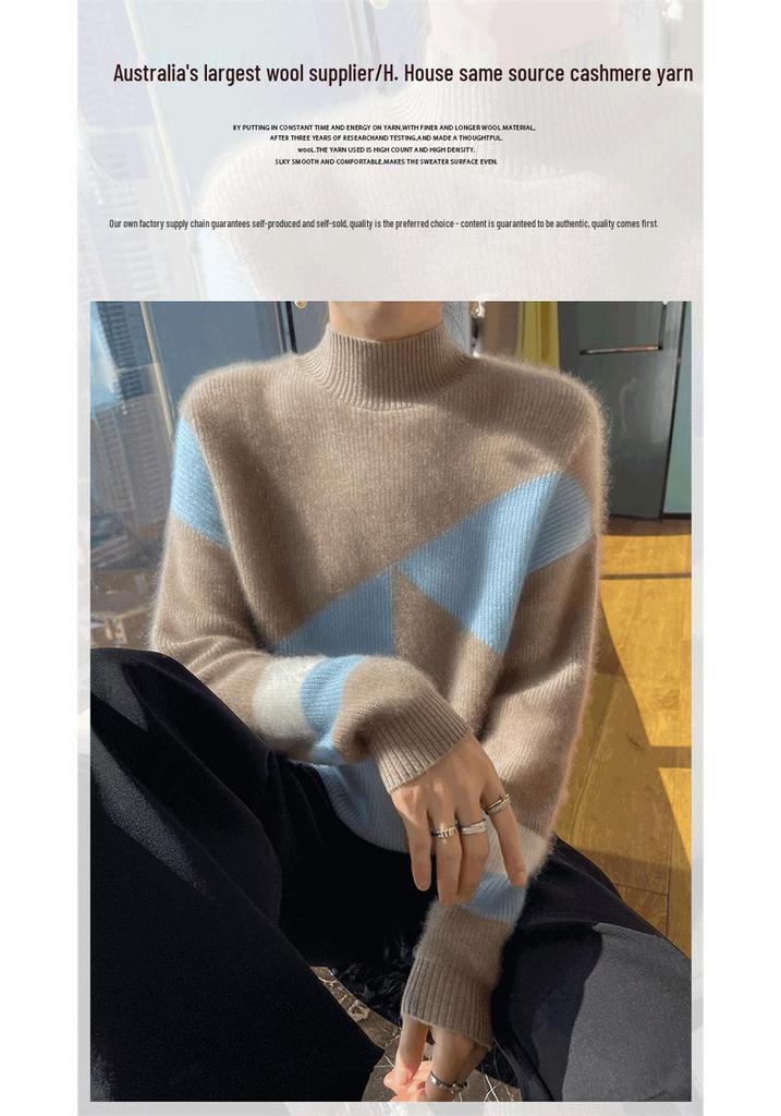 2025 Autumn/Winter Color Block Women's Half-High Collar Knit Sweater