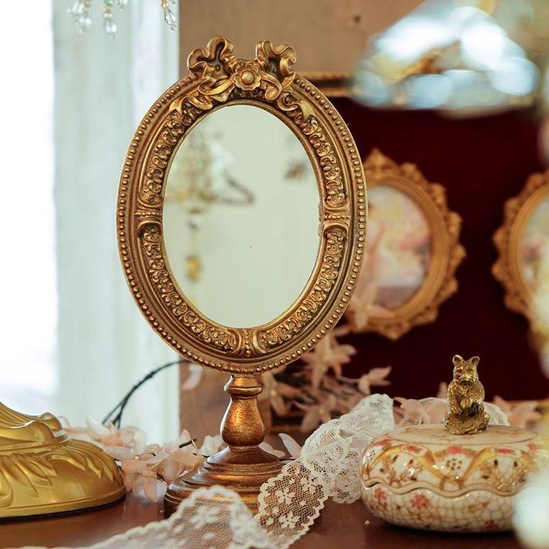 European Vintage Carved Desktop Vanity Mirror Elegant Relief Photo Frame Decorative Makeup Mirror Exquisite Photo Display Props