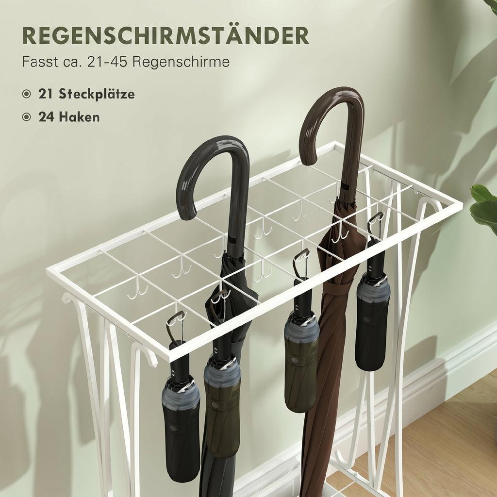 Umbrella Stand with Removable Drip Water Tray, Umbrella Stand with 21 Openings and 24 Hooks, Steel, White
