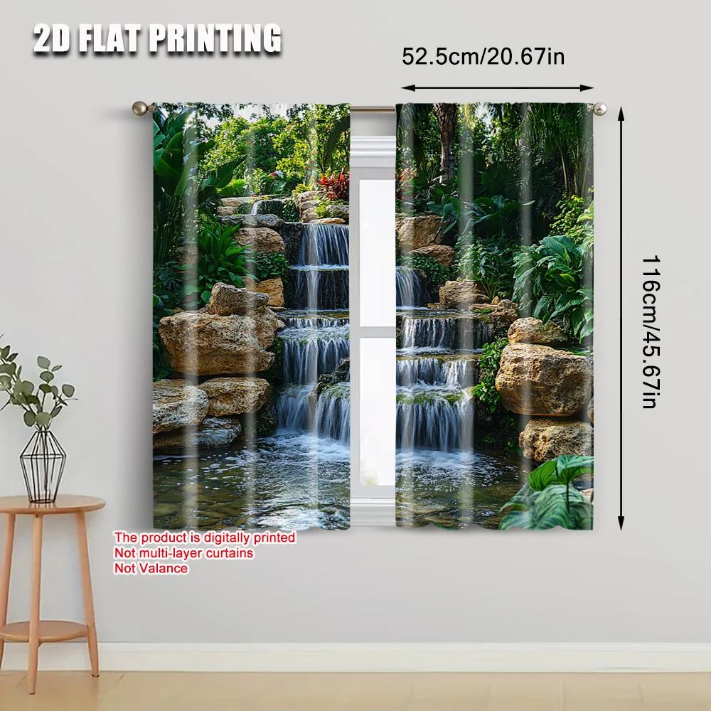 2pcs   Creative Curtains  print Mountain Rocks_ Flowing Water_ Lake_ River_ Green Forest_ Trees Nature Scene Versatile