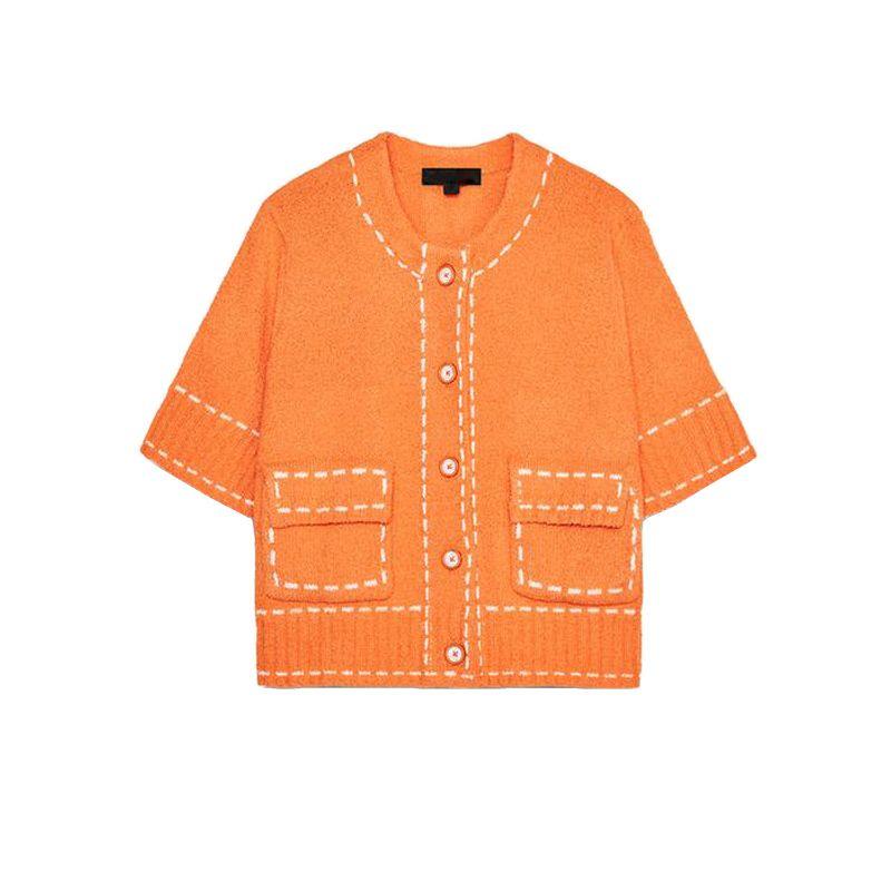 Summer New Product Women's Clothes Contrast Color Seized String Decoration Creative Fashion round Neck Short Sleeves Knitting Outwear 3920148