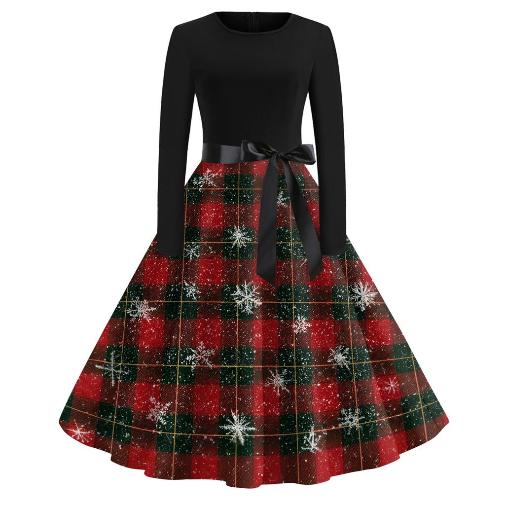 Women's Vintage Christmas Print Long Sleeve Round Neck Party Dress for Holiday Parties