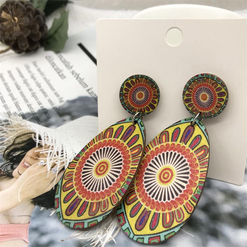 Earrings: African Retro Ethnic Style Sunflower Wooden Long Bohemian Travel Beach