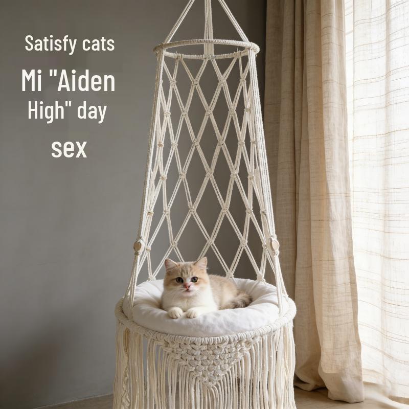 Bohemian Woven Cat Hammock Bed | Hanging Basket Swing for Pets