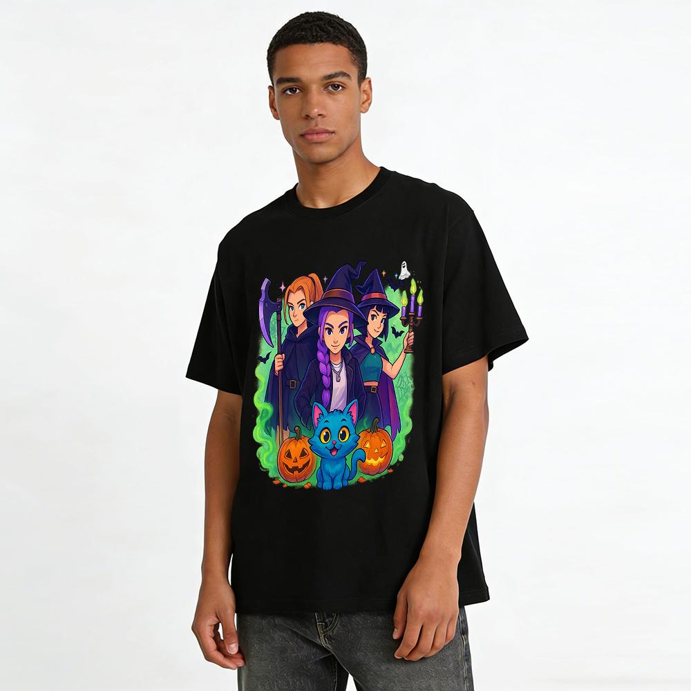 Halloween Themed Fun Character Print Top Wizard Pumpkin Cat Pattern Casual Daily T-Shirt Pure cotton T-shirt
