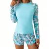 European and American New Tankini Women's Conservative Flat-angle Sports Beach Printing Long-sleeved Split Swimsuit Women