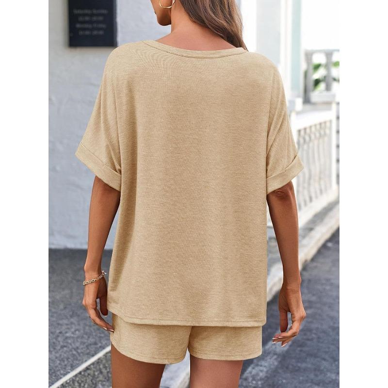 Women Casual Summer Batwing Sleeve T Shirt Drawstring Shorts Sports Two Piece Set