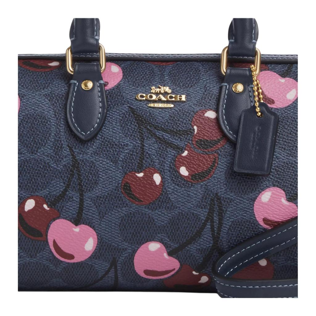 Coach Rowan 17 Brand Logo Cherry Print Leather Cylinder Bag Women Shoulder Bag Blue CY741-IMDEI