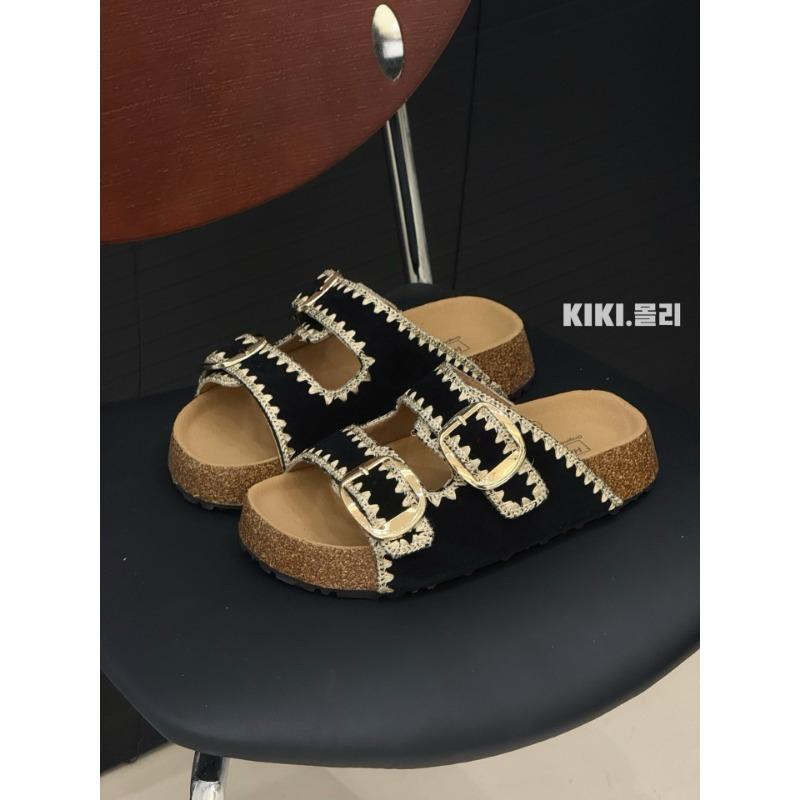 

Thick-soled one-word slippers casual slippers retro embroidered buckle sandals summer wear 39 чорний