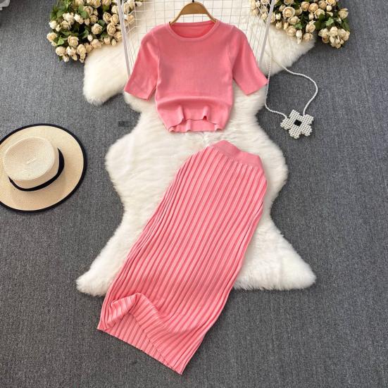 Women's Summer Skirt Set Short Sleeve Crew Neck Crop Top And High Waist Maxi Skirt Set Knitted Two Piece Outfit