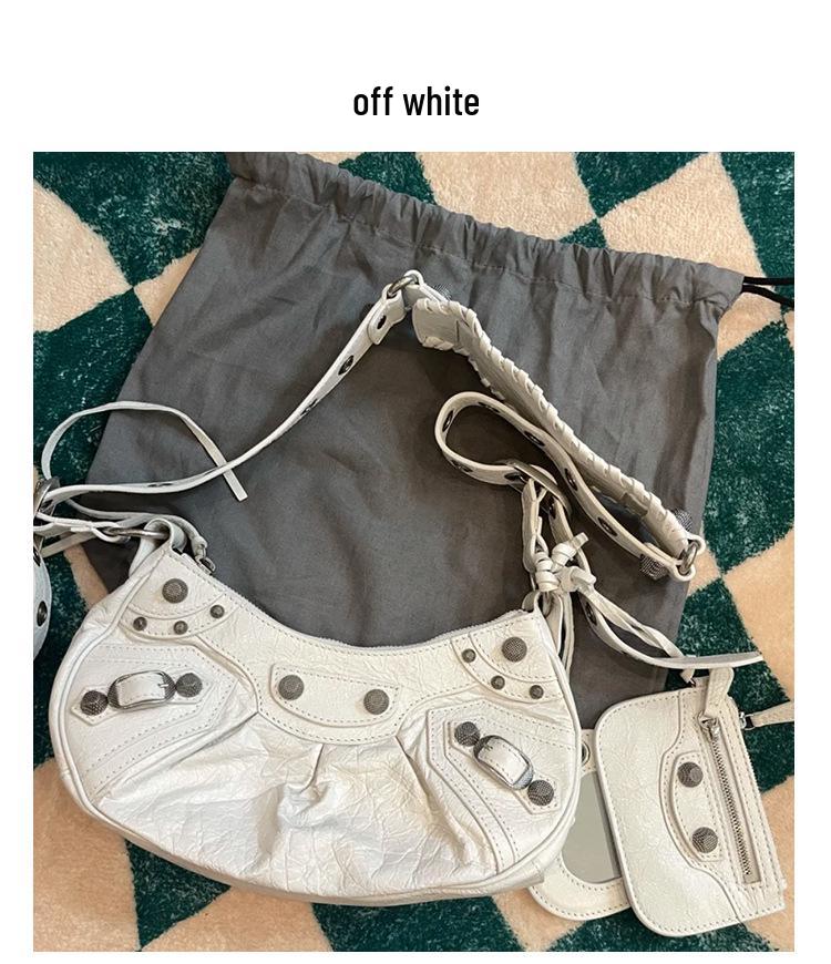 Women's 25 New B Motorcycle Bag: Underarm Rivet Tassel, Three-in-One Crescent Fold Cowhide Shoulder & Messenger Bag