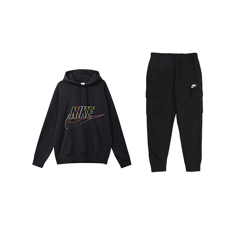 Nike Letter Logo American Vintage Embroidered Hoodie And Fleece Warm Cuffed Pants Sweatshirt Set Men Sweatshirt Set Black DX0542-010+CD3130-010