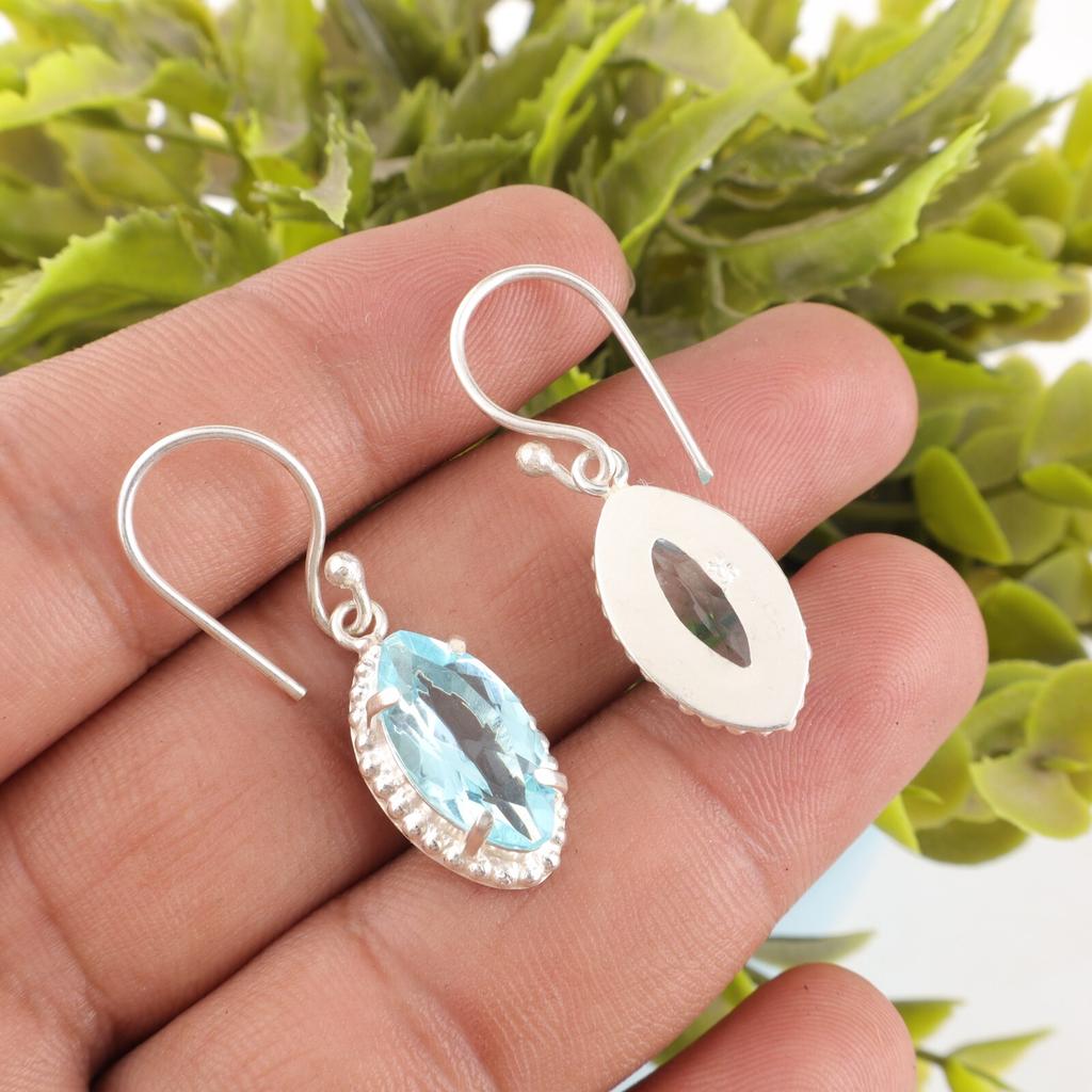 Naturalny Niebieski Topaz Kamień Szlachetny Biżuteria ze Srebra Próby 925 Ręcznie Robione Kolczyki 1,4" EE-169-12