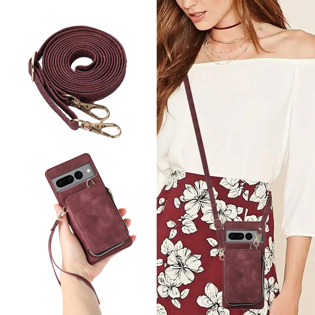 Zipper Crossbody Leather Wallet Necklace Lanyard Cards Solt Case For Google Pixel 7 Pro 7A 6A Bag Coin Purse Hand Strap Cover