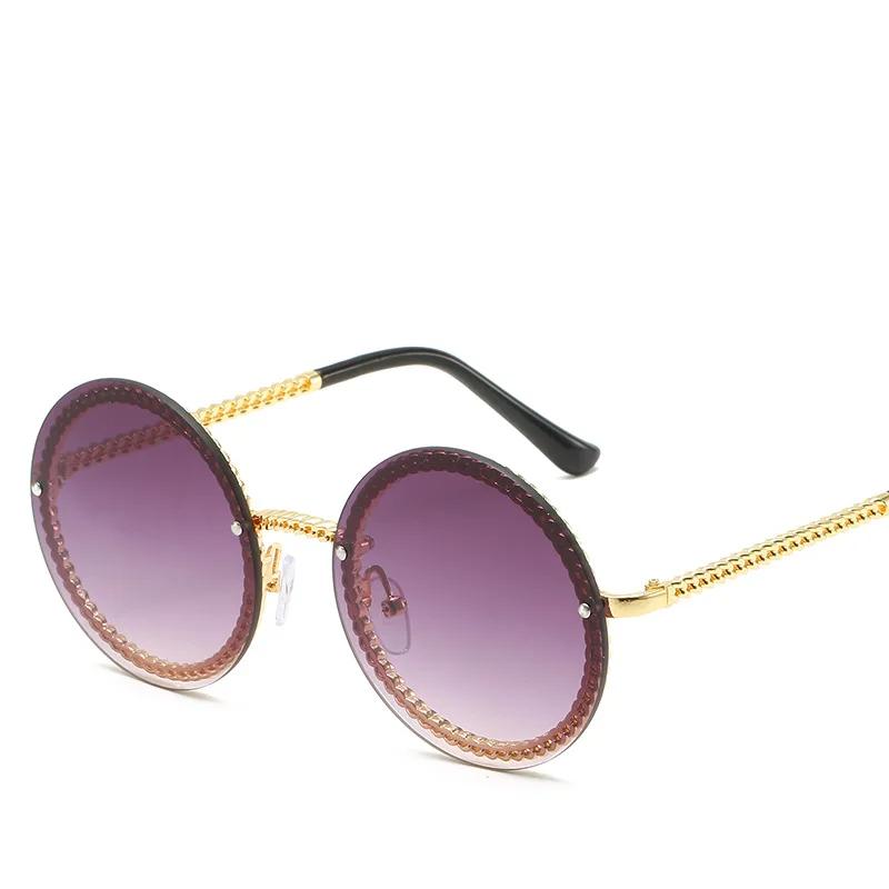 Luxury Metal Chain Round Sunglasses Rimless Brand Shades for Women Circle Sun Glasses Gradient Oculos Zonnebril Dames