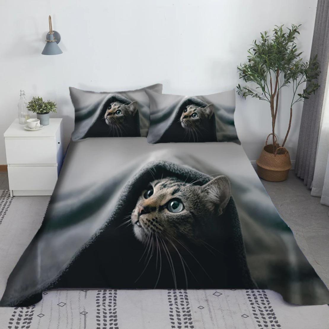 3D digital printing Cat Bedding Set,Kawaii Pet cat Duvet Cover for Kids Bedroom Queen King Size Soft Bed Linens 135x200cm 2pcs