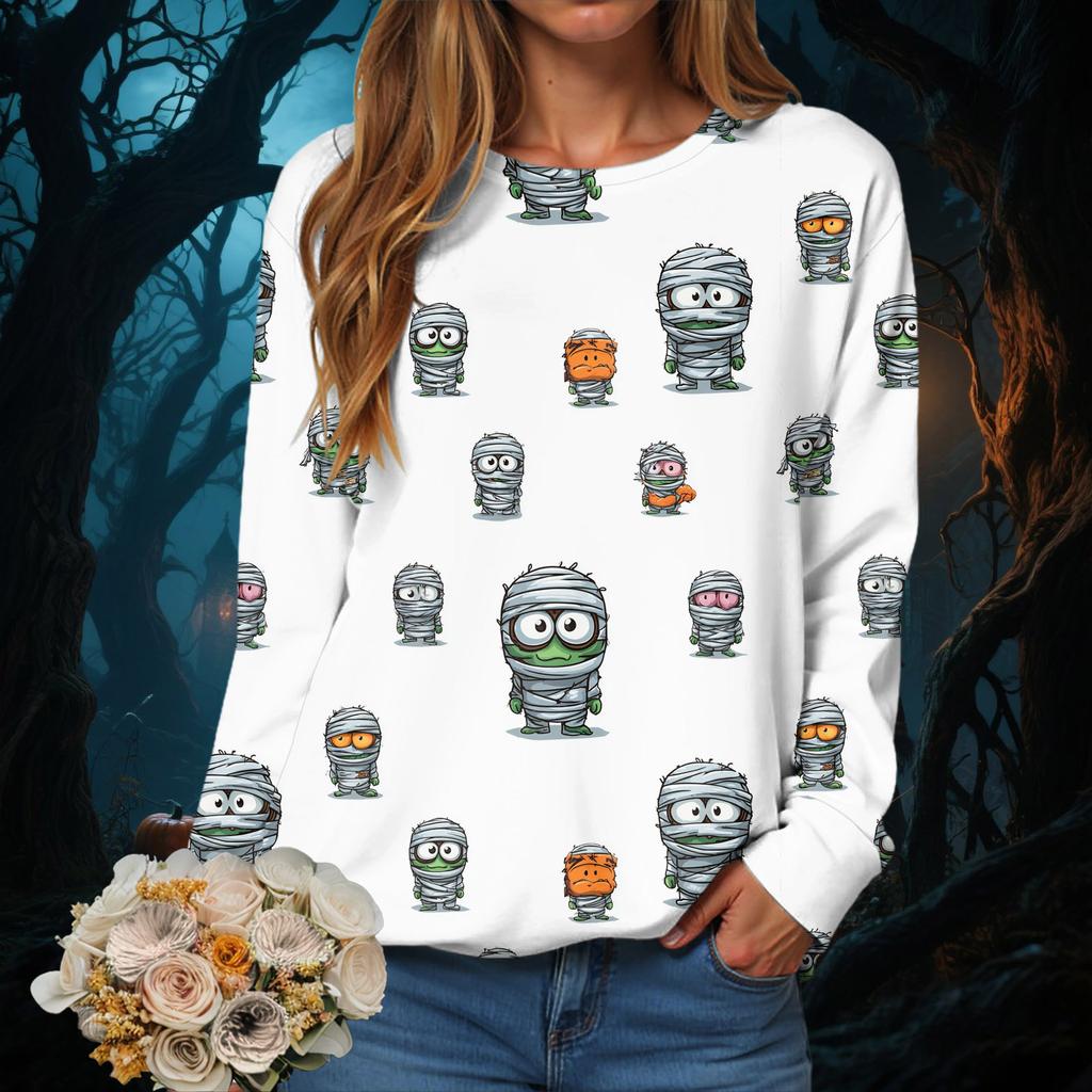 Halloween Serie 3D Digital bedrucktes Damen Harajuku Style Casual Rundhals Langarm T-Shirt