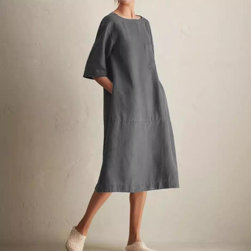 Large Size Women's Casual Round Neck Mid Sleeved Cotton and Linen Pocket Dress