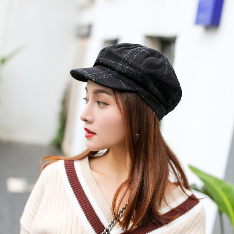 Plaid Beret Ladies Autumn and Winter Versatile Soft Girl Bud Hat Vintage British Octagonal Hat