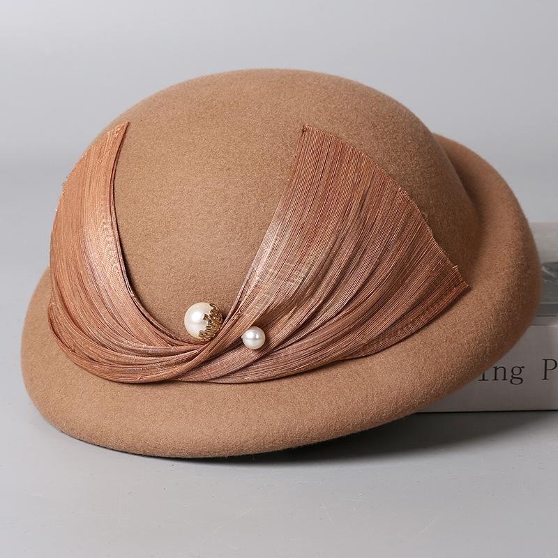 French Silk Linen Beret Women Australian Wool Felt Hat Pearl Accents Designer Winter Socialite Chic Hat