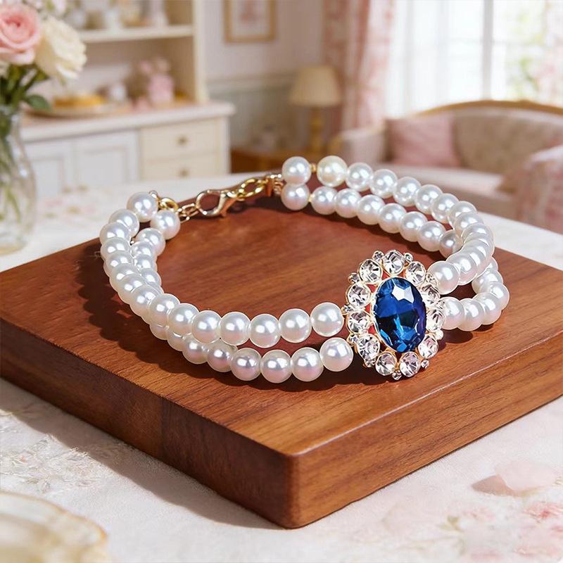 Doppellagige Perlen-Haustierhalskette Strassstein-Edelstein-Dekor Halsband für Katzen Kleine Hunde Foto-Accessoire