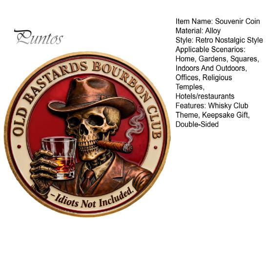 Whisky Club Souvenir Coin Old Bastards Bourbon Collectible Double-Sided Vintage Skull Theme Collectors Keepsake Token Gift Cowboy Hat
