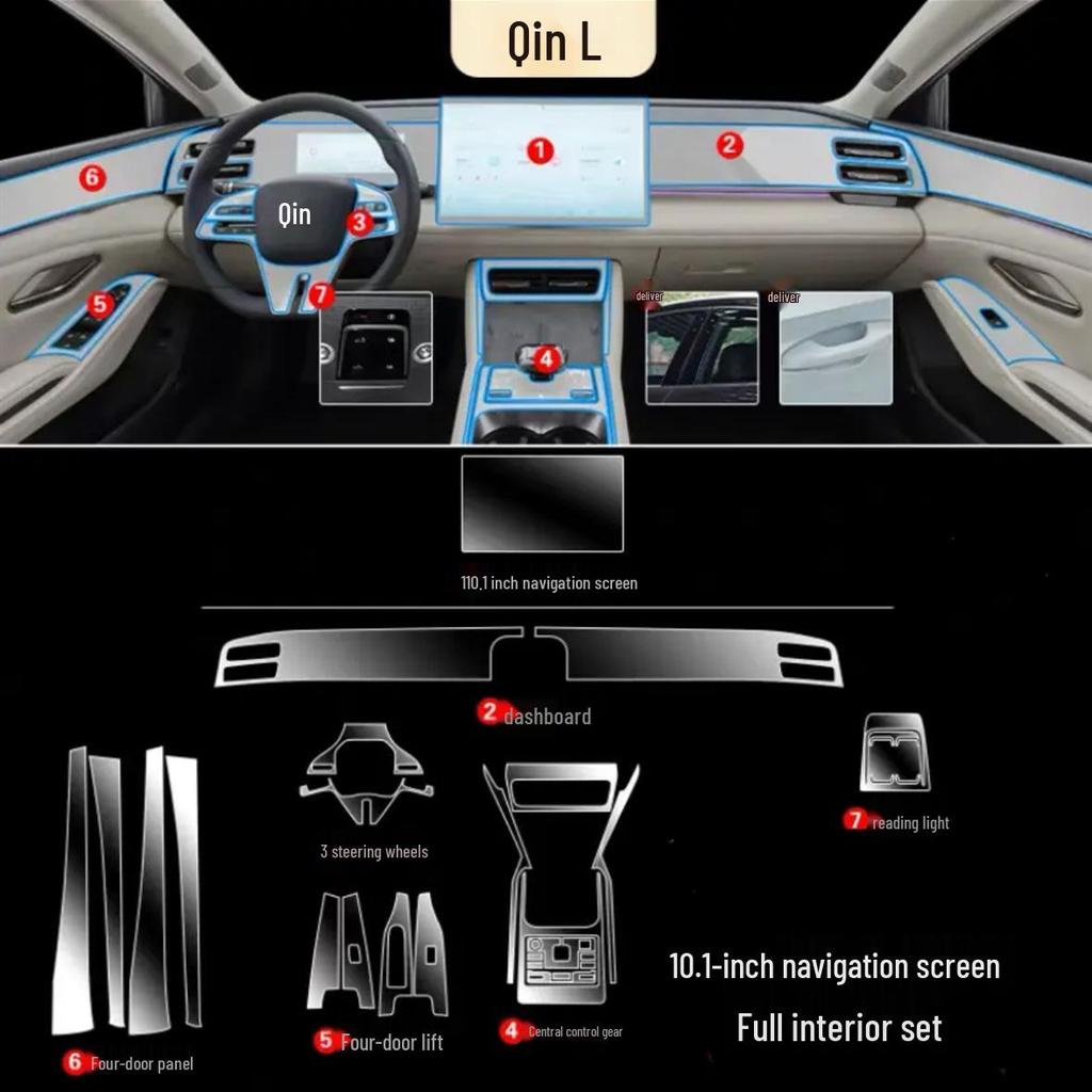 Compatible BYD Qin L Interior Accessories: Navigation Screen, A/C, Gear Shift Films, Center Pillar Sticker, HD TPU for 25 Models