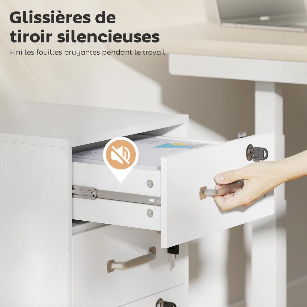 Mobile Office Pedestal, 3 Lockable Drawers, Storage Unit on Wheels, 40 x 40 x 69.5 cm, White