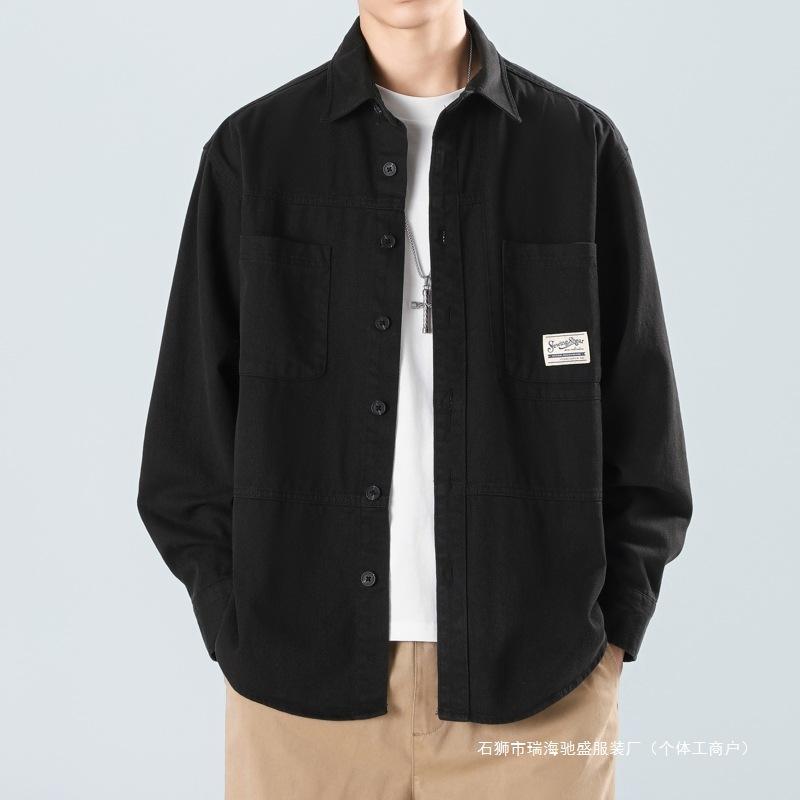 

Men s Olive Green Workwear Button Down Shirt, Long Sleeve Chest Pocket Shirt Jacket with Label Detail, Casual Streetwear Shacket M чорний