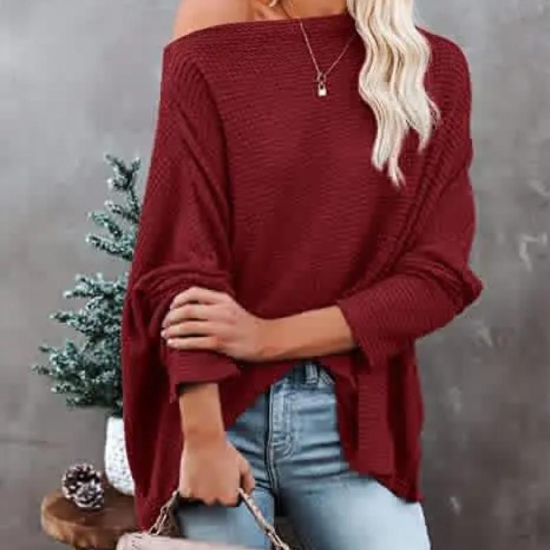 Women's Knitted Sweater Waffle Shoulder Slant Neck 2024 New Autumn Winter Women's Regular Loose Pullover Top