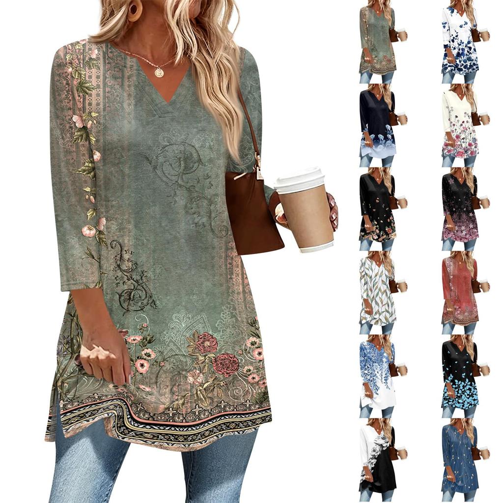 Women's Casual V Neck 3/4 Sleeve Pullover Tunic Top Floral Print Mid Length Loose Fit Blouse for Everyday Wear
