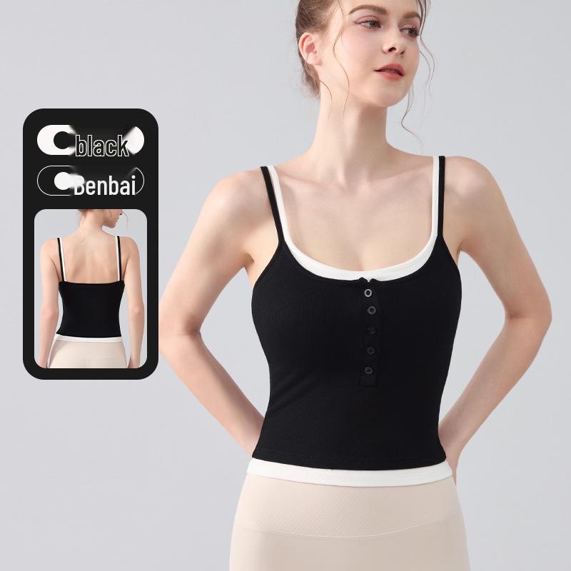 

Women s Color Block Yoga Top with Built-in Bra and Chest Pads - Casual Two-Piece Look Activewear Small чорний