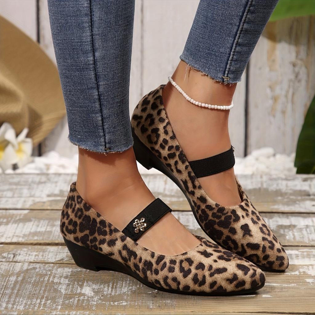 Women'S Leopard Print Pointed-Toe Flats with Ankle Strap - Breathable Fabric Upper, Comfortable Rubber Sole Vintage Style for Casual or Formal Outfits