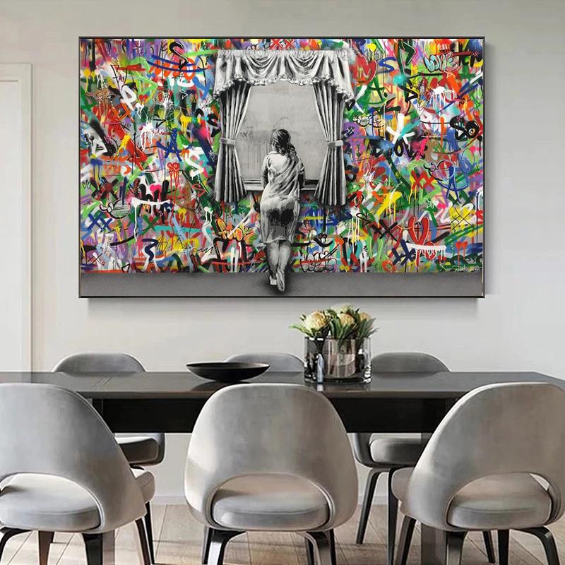 Banksy Scenes Girl Street Graffit Canvas Painting Modern Posters and Prints Wall Art Pictures for Living Room Wall Decor Cuadros