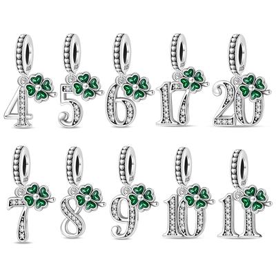 Genuine Charm Copper Lucky Four Leaf Clover Number Charm Bead Fit 3Mm Genuine Bracelets Women DoItYourself Jewellery Gifts