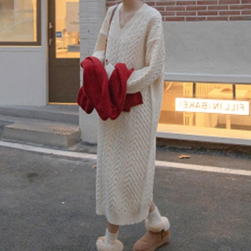 Autumn Lazy V-neck Twist Sweater Long Loose Over Knee Knitted Bottom Shirt Wear Dress