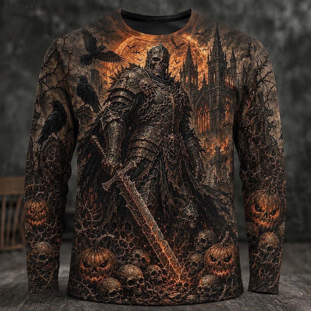 Autumn and Winter Men's Skull 3D Printed Crew Neck Long Sleeve T-Shirt