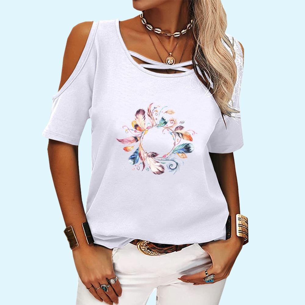 Damska koszulka z okrągłym kołnierzykiem, letnia i jesienna, z nadrukiem, z krótkim rękawem, z odkrytymi ramionami