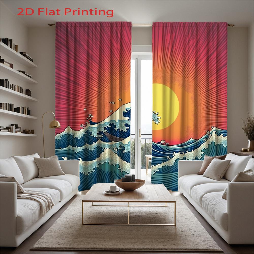 Flat Panels Semi Ocean Wave Curtain Sunrise Pattern Window Drapes Filtering Suitable With Sheer Polyester