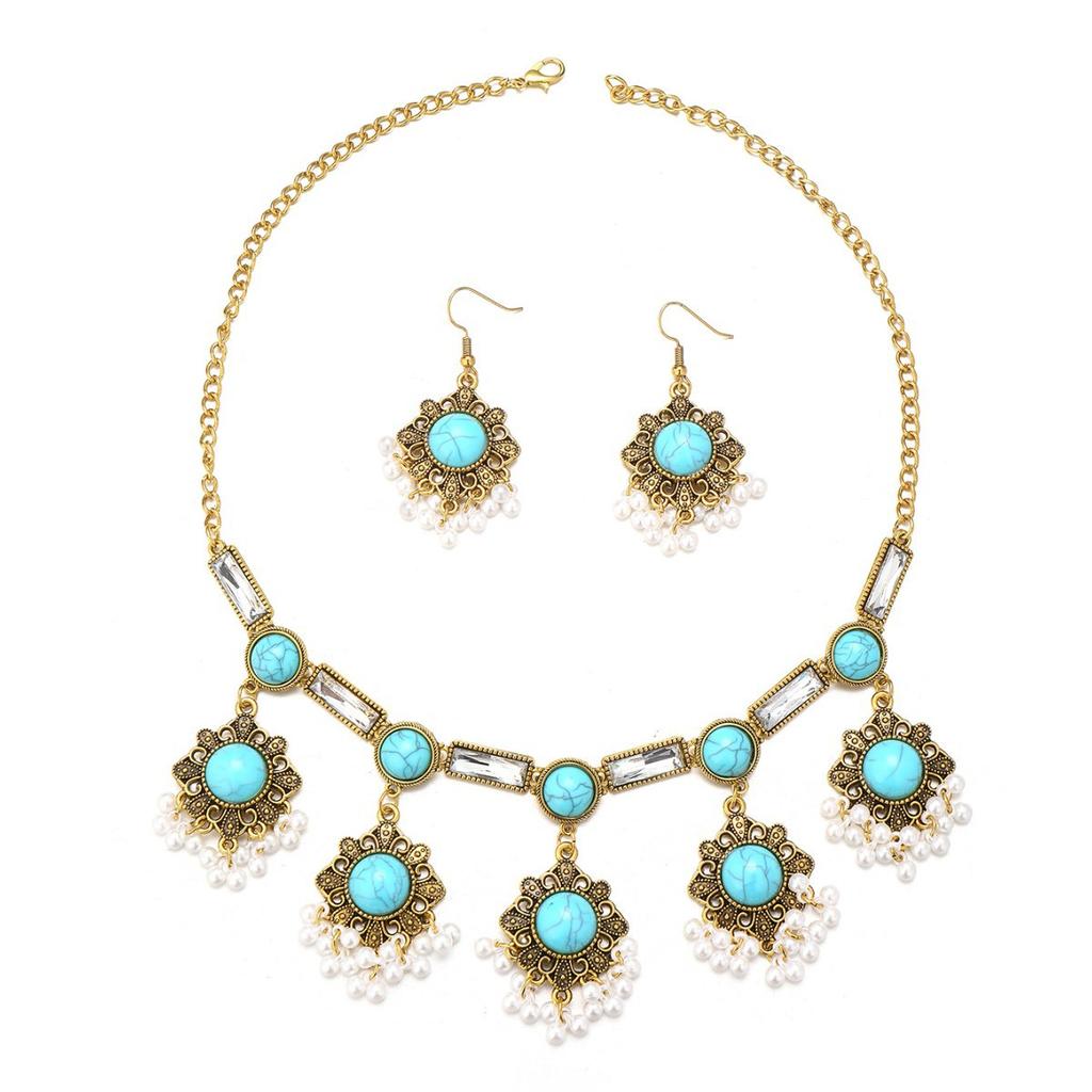 Bohemian Vintage Crystal Rhinestone Necklace and Earrings Set for Women , Geometric Ethnic Style Jewelry