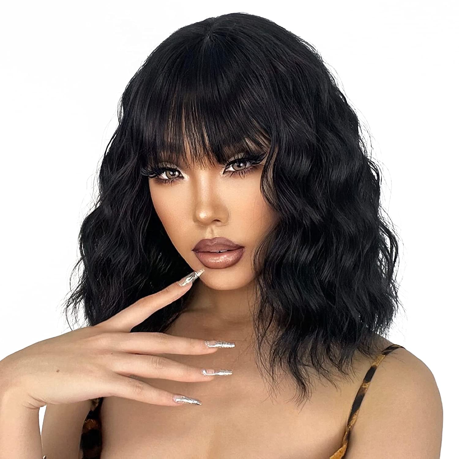 

XINRAN Черный парик с короткой челкой, Черный парик с натуральной волной для женщин, Черный парик с волнистой челкой