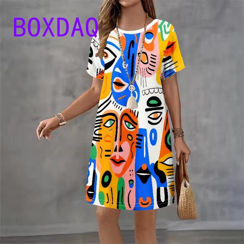 Retro Portrait Art Facial Pattern Women Dress Short Sleeve O-Neck Loose Casual A-Line Dress Summer New Street Ladies Sundress