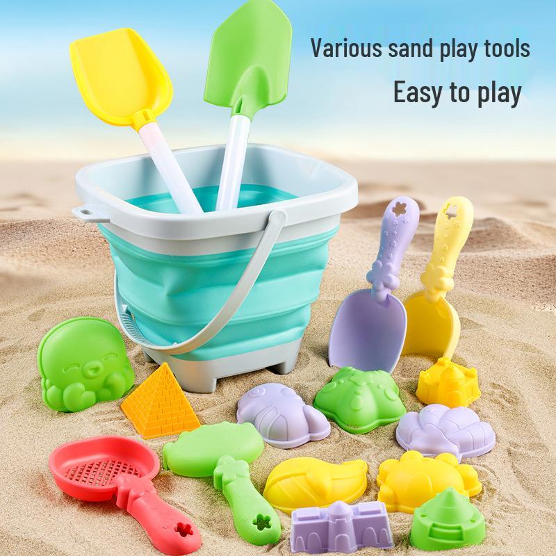 Cross-border Kid's Beach Toy Set: Folding Bucket, Shovel, Sand Tools & Sandglass Accessories