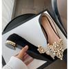 New Crown Pearl Flats Women Wedding Shoes Pointed Toe Female Dress Moccasins Low Pearl Heel Ladies Luxury Style 43